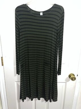 Old Navy Olive Green and Black Striped Long Sleeve Dress